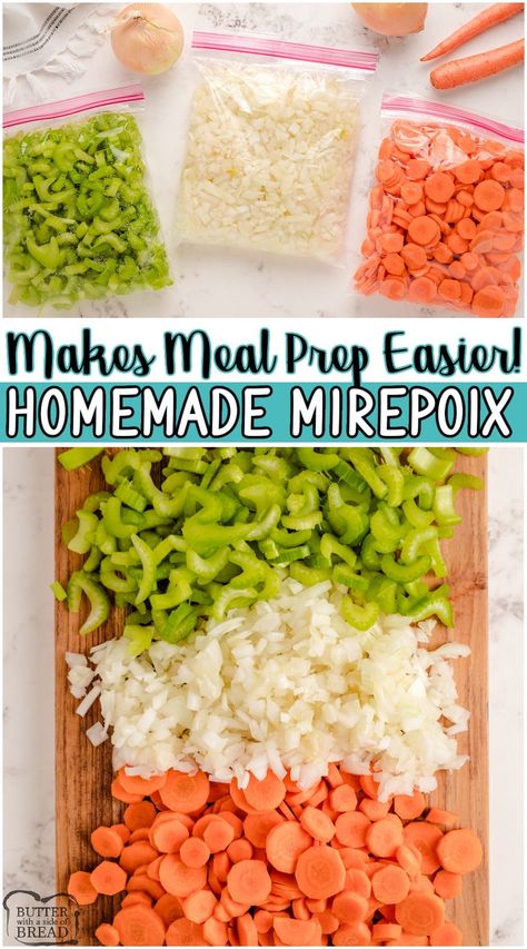 Easy method for homemade mirepoix- diced onions, carrots & celery, prepped & ready! Making your own Mirepoix can help to cut down on meal prep time, particularly during Fall & Winter when soups and stews abound. #vegetables #mirepoix #carrots #celery #onions #mealprep from BUTTER WITH A SIDE OF BREAD Mirepoix Recipe Dishes, Mirepoix Recipe, Recipe Using Carrots, Carrot And Celery Recipes, Freezing Carrots, Canning Carrots, Thanksgiving Recipes Side Dishes Easy, Canned Carrots, Celery Recipes