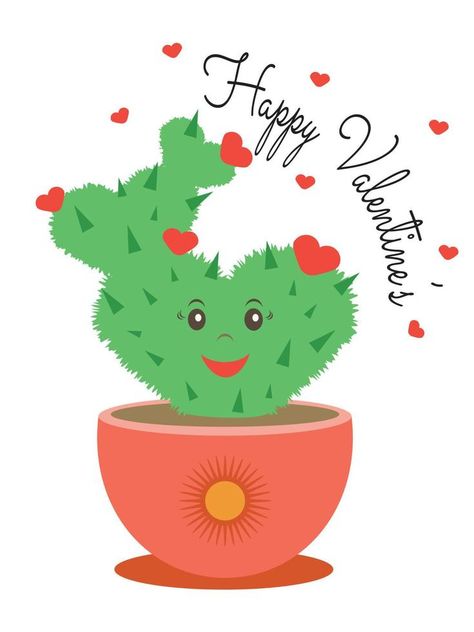 Green cactus with red hearts in a pot with the inscription Happy Valentine Day. Romantic concept. Cartoon design for greeting card's, posters, mugs, clothes. Vector Landscape, Green Cactus, Red Hearts, Cartoon Design, Red Heart, Happy Valentines Day, Happy Valentine, Cactus, Valentines Day