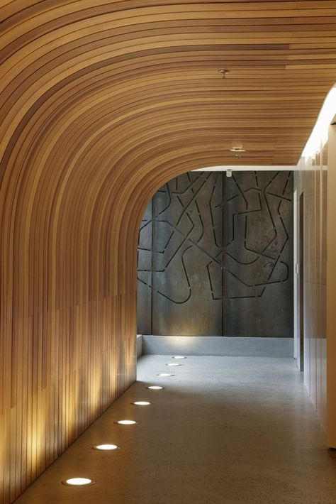 wood ceiling, curved, up-lighting Deco Spa, Ceiling Interior, Blitz Design, Elevator Lobby, Corridor Design, Wood Architecture, Patio Canopy, Wood Ceiling, Curved Wood