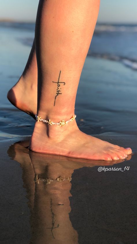 Faith Ankle Tattoos For Women, Faith Tattoo Ankle, Faith Ankle Tattoo, Walk By Faith Ankle Tattoo, Walking By Faith Tattoo, Walk In Faith Tattoo, Cross Tattoos For Women Ankle, Faith Flower Tattoo, Cute Small Ankle Tattoos