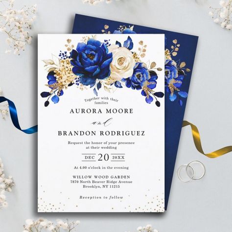 Invitación Royal Blue Yellow Gold Floral Bridal Shower Invita | Zazzle.com Royal Blue Gold And White Wedding, Metallic Wedding, Gold Wedding Theme, Men Party, Spring Wedding Invitations, Bridesmaid Invitation, Garden Wedding Invitations, Elegant Bouquet, Floral Save The Dates