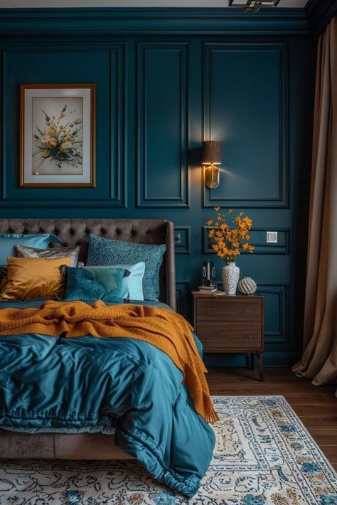 Teal Color Palette Bedroom, Teal And Copper Bedroom, Dark Teal Walls, Dark Teal Bedroom Ideas, Dark Teal Bedroom, Teal Bedroom Decor, Teal Accent Walls, Living Room Designs Modern, Teal Rooms