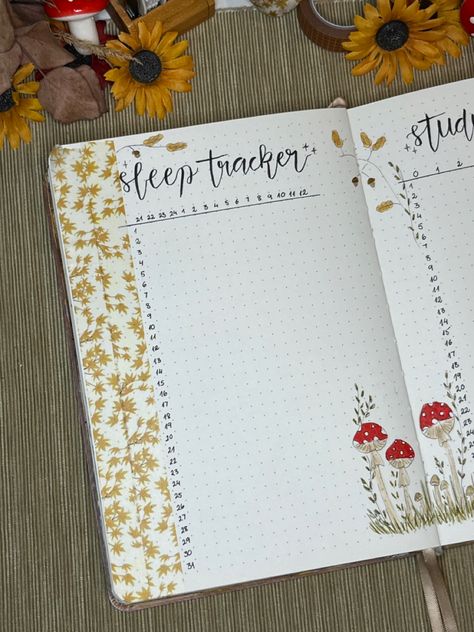 Mushroom Forest Bullet Journal Mushroom Sleep Tracker, Bullet Journal Mushroom Theme, Mushroom Mood Tracker, Mushroom Bullet Journal, Sleep Tracker Bullet Journal, September Bujo, Bullet Journal August, Bullet Journal September, Sleep Log