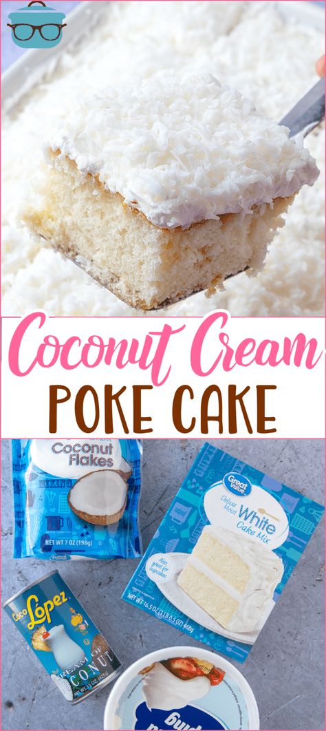 Coconut Cream Poke Cake starts with a boxed cake mix and is covered with a creamy and sweet cream of coconut filling and a coconut topping! Coconut Cream Poke Cake, Coconut Poke Cake, Coconut Pineapple Cake, Brownie Cake Pops, Cream Poke Cake, Coconut Poke Cakes, Poke Recipe, Coconut Cream Cake, Cake Coconut