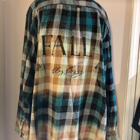 This Is A Mens Flannel Xxxl It Is New I Have Washed It Once To Process The Bleach & Used Chalk Couture To Ink Fall Blessings On It. It Will Be A Plus Size In Woman Xxxl Ish As No 2 Flannels Fit Exactly The Same! So Plus Check Measurements! Handbleached And Inked By Me. Fall Creek Flannel, Colors Are Black, White, Blue And It Bleached A Beautiful Orange/Brown I Use Black Ink And Shirt Has Been Sealed Ready To Wear. Shoulder To Bottom Of Shirt 34" Armpit To Armpit Across Front Only 30" Fall Blessings, Bleached Flannel Shirt, Bleached Flannel, Flannel Fits, Blue Shirt With Jeans, Fall Creek, Brown I, Womens Flannel Shirt, Falls Creek