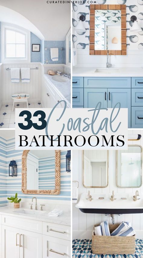 Blue Coastal Bathroom Ideas, Coastal Half Bathroom Ideas, Cape Cod Bathroom Ideas, Coastal Wallpaper Bathroom, Coastal Small Bathroom Ideas, Seashell Bathroom Ideas, Wallpapers Coastal, Coastal Bathrooms Ideas, Beachy Bathroom Coastal Style