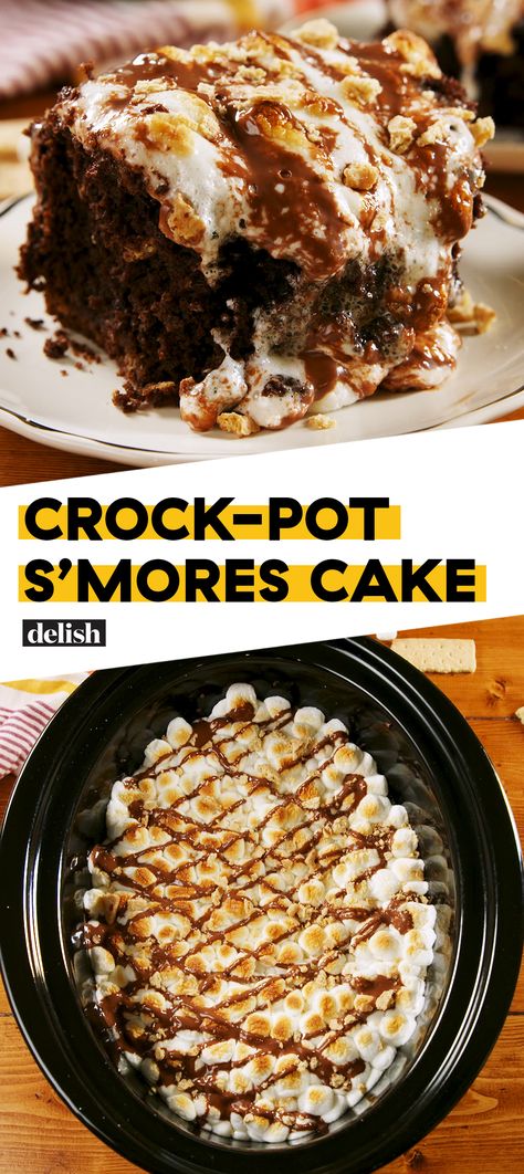 Slowcooker Dessert Recipes, Smores Chocolate Cake, Smores Cake Recipe, Crockpot Dessert, Crockpot Cake, Crockpot Desserts, Smores Dessert, Crockpot Dessert Recipes, Smores Cake