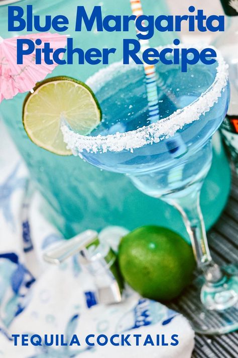 Blue Margarita pitcher recipe for tequila drinks for a crowd. Serve these pretty blue margaritas on the rocks at Cinco De Mayo, 4th of July or on Taco Tuesdays. It's a fun twist on a classic margarita recipe that you can serve as game day margaritas. Blue Margarita Recipe Pitcher, Tequila Punch Recipes For A Crowd, Big Batch Margarita Recipe, Batch Margarita Recipe, Margarita Pitcher Recipe, Blue Margaritas, Margaritas On The Rocks, Best Tequila Drinks, Pitcher Margarita Recipe