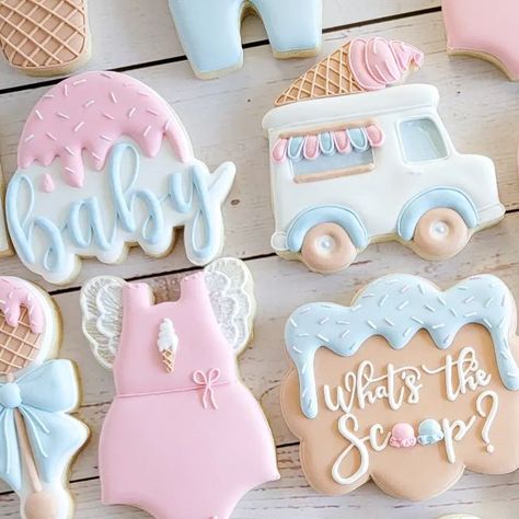 Gender Reveal Scoop Theme, Ice Cream Gender Reveal Cookies, Whats The Scoop Cookies, Gender Reveal Ideas Whats The Scoop, Here’s The Scoop Gender Reveal, What’s The Scoop Gender Reveal Party, What’s The Scoop Gender Reveal Cookies, What’s The Scoop, What’s The Scoop Gender Reveal Diy