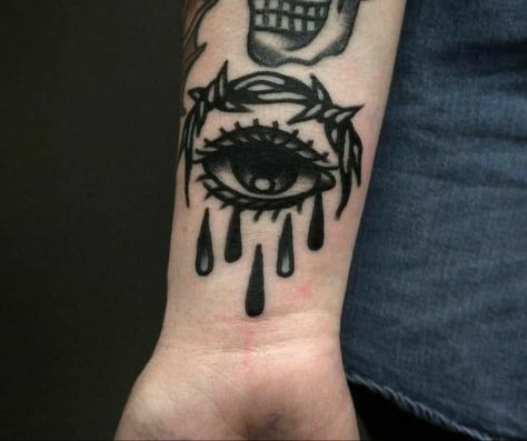 Eye Tattoo Traditional Black, Small Old School Tattoo Black, Old School Eye Tattoo, Traditional Eyeball Tattoo, American Traditional Eye Tattoo, Eye Traditional Tattoo, Spiderweb Tattoo Traditional, Traditional Wrist Tattoo, Traditional Eye Tattoo