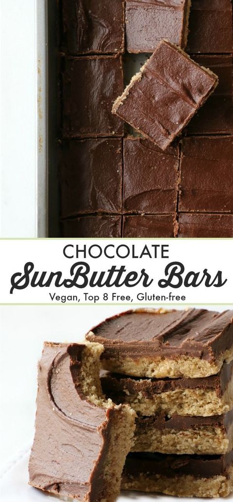 Enjoy the delicious taste of sweet chocolate with rich and creamy SunButter. Made with simple allergy-friendly ingredients, this Chocolate SunButter bar will satisfy your hunger and delight your taste buds. www.allergylicious.com #vegan #dairyfree #gluten Sunbutter Desserts, Vegan Squares, Chocolate Sunbutter, Sunbutter Recipes, Peanut Free Desserts, Vegan Bars, Allergy Friendly Desserts, Gluten Free Chocolate Recipes, Best Vegan Desserts