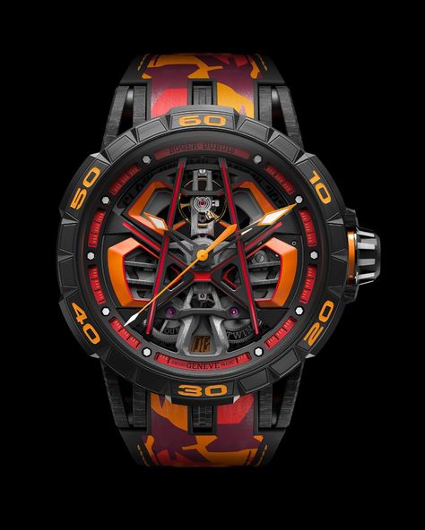 The Roger Dubuis Excalibur Spider Huracan MB is the latest product born of the relationship between the Genevan watch brand and the ultra-exotic car marque, Lamborghini. Meehna Goldsmith takes readers on a high-speed journey of discovery to a world where space-age materials meet no-compromise craftsmanship. #hyperhorology #hautehorlogerie #monobalancier #lamborghinihuracan #watches Roger Dubuis Excalibur, New Lamborghini, Roger Dubuis, Tourbillon Watch, Big Watches, Sport Automobile, Watch Review, Lamborghini Huracan, Fine Watches