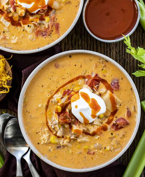 Buffalo Chicken Soup - I Am Homesteader Buffalo Chicken Soup, White Bean Chicken Chili, Delicious Soups, Green Sauce, Fire Roasted Tomatoes, Chicken Bites, Bowl Of Soup, Chicken Bacon, Hearty Soups