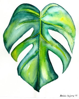 Monstera Watercolor Painting, Easy Plant Painting Ideas, Tropical Painting Easy, Fruit Painting Easy, Watercolor Art Green, Leave Painting, Leaves Watercolor Painting, Plant Paintings, Plants Painting