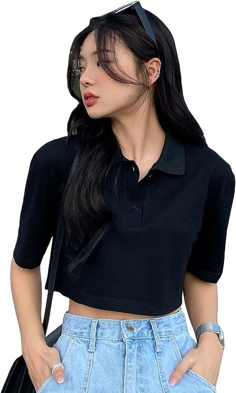 Link in pin. Floerns Women's Solid Button Front Short Sleeve Lapel Collar Crop Top Tee Shirt. Collar Crop Top, Blouse Crop Top, Crop Top Summer, Blouse Crop, Cropped Button Down, Tshirt For Women, Black Button Down Shirt, Western Wear For Women, Crop Top Tees