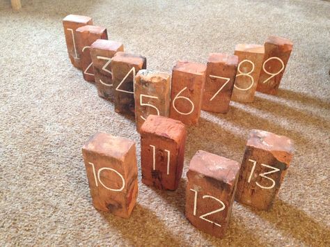 Wedding table numbers - painted brick table numbers - Neutra font Brick Table Numbers, Brick Centerpiece Ideas, Brick Table, Brick Wedding Venue, Pine Cone Wedding, Wedding Dress Vintage Sleeves, Wedding Parties Pictures, Brick Decor, Madison Wedding