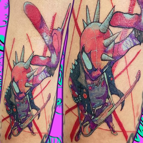 #spiderpunk #tattoo #ink #colors Across The Spider Verse Tattoo, Spider Punk Tattoo, Spider Verse Tattoo, Colorful Tattoo Sleeve, Marvel Tattoo Ideas, Spider Man Tattoo, Punk Tattoo Ideas, Tattoo Ink Colors, Browning Tattoo