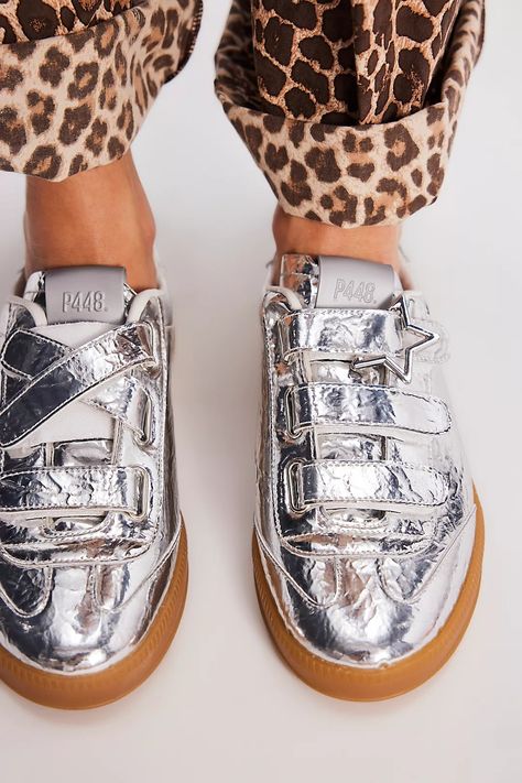 P448 Monza Velcro Sneakers | Free People Silver Sneakers Outfit, Metallic Shoes Outfit, Space Warrior, Velcro Sneakers, Fab Shoes, Silver Sneakers, Fall Fits, Chunky Sneakers, Sneakers Outfit