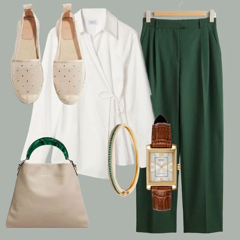 Another HOW TO STYLE post with a dark green (forrest green) pair of trousers. 1. The t-shirt is supposed to be oversized, but tacked in one side, big bag, mini heels, and your favorite watch. There's no need to be matched together, but I find it more aesthetic. 2. Need to be casual sometimes even with a business pants, the shoes will do the difference and the rest keeping it simple. 3. My wardrobe is full of white shirt and blouses for fall, but this one can look like a light jacket and a ca... Dark Green Pants Outfit Aesthetic, Green Shirt Aesthetic, Dark Green Trousers Outfit, Green Trousers Outfit, Green Bag Outfit, Mix And Match Outfits Hijab, Mini Heels, Green Hijab, Green Pants Outfit