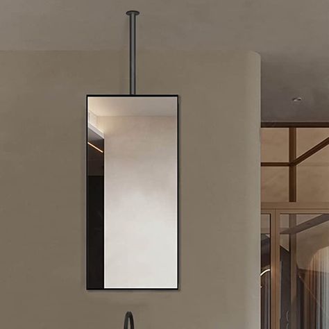 Ceiling Mounted Bathroom Mirror, Suspended Mirror Bathroom, Ceiling Hung Mirror, Hanging Mirror From Ceiling, Industrial Chic Bathroom, Suspended Mirror, Mirror For Bathroom Vanity, Black Bathroom Light Fixtures, Black Bathroom Light