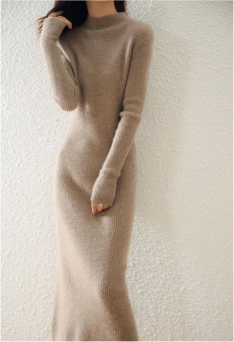 Elegant Wool Long Dress for Women Sexy Soft Warm Cashmere Knitted Knitwears Ladies Sweater Dress Winter Dress Beige at Amazon Women’s Clothing store Wool Dresses, Camel Outfit, Merino Wool Dress, Wool Knitted Dress, Wool Sweater Dress, Cashmere Dress, Elegant Outfits, Wool Skirts, Wool Dress