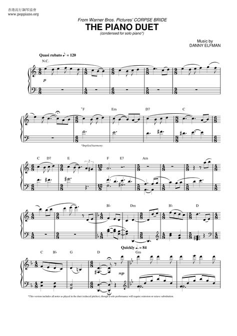 Corpse Bride Piano Sheet Music, Corpse Bride Piano, Piano Duet, Danny Elfman, Solo Performance, Playing Piano, Corpse Bride, Piano Sheet, The Piano