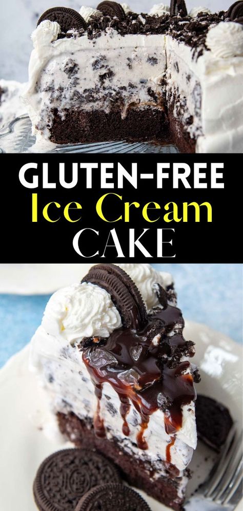 Move over Dairy Queen because this gluten-free ice cream cake beats any recipe out there! Celebrate a birthday or special occasion with chocolate cake layered with gluten-free Oreos, hot fudge, and ice cream, all covered with fluffy whipped cream frosting. An easy gluten-free dairy-free ice cream cake option is included. Dairy Free Ice Cream Cake, Gluten Free Ice Cream Cake, Fresh Cheese Recipe, Gluten Free Oreos, Oreo Ice Cream Cake, Easy Ice Cream Cake, Diy Cheese, Gluten Free Ice Cream, Ice Cream Cake Recipe