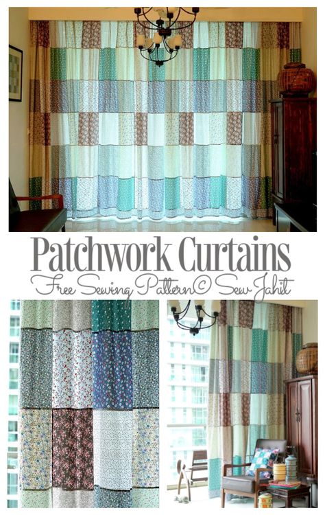 DIY Fabric Patchwork Curtain Free Sewing Patterns | Fabric Art DIY Free Curtain Patterns Sewing, Sewing Patterns Home Decor, Diy Curtains Sewing, Curtain Patterns Sewing, Quilt Block Curtains, Curtain Sewing Patterns Easy Diy, Patchwork Curtains Diy, Curtain Patterns Sewing Simple, Patchwork Curtains Fabric Scraps