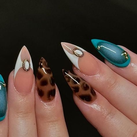 🍒 Gel-X Nails on Instagram: "First set of the day 🐆 . . . . . . . . #gelxnails #gelxnails #gelxnailtech #nailart #nailtech #cheetah #cheetahmakeup #cheetahnails #teal #tealhair #grandterrace #riverside #riversidenails #riversidenailtech #ienails #ienailtech #sanbernardino" Turquoise Cheetah Nails, Teal Cheetah Nails, Green Cheetah Print Nails, Cheetah Makeup, Cheetah Nails, Teal Hair, Nail Time, Green Nails, Blue Nails