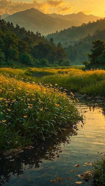 River Scenery, Colored Pictures, Hidden Valley, Grass Field, The Meadows, Yellow Flowers, Photo Inspiration, Graphic Resources, Lake