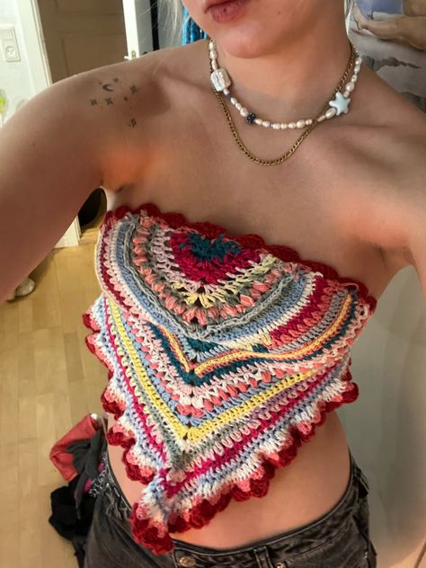 Funky Crochet Top, Scrap Yarn Crochet Top, Summer Crochet Accessories, Crochet Hippie Clothes, Eclectic Crochet, Crochet Trinkets, Crochet Rave, Indie Crochet, Funky Crochet