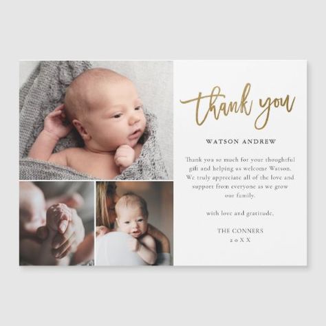 Simple Gold Script 3 Photo Baby Thank You Card #photobabythankyoucard #goldfoilthankyou #scriptcalligraphy #modern #newbabythankyounote #babyboyorgirl #3photocollage #elegant #simple #typography Thank You Photo Cards, Birth Announcement And Thank You Card, Thank You Cards Baby Gifts, Thank You Card With Photo, Birth Announcement Thank You Card, Newborn Thank You Cards, Thank You Cards For Baby Shower Gifts, Baby Shower Thank You Cards Wording, Six Month Baby