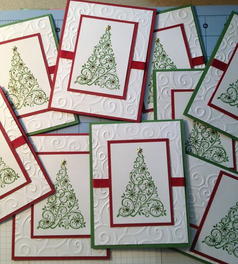 Stampin Up Christmas card.  I like the overall concept and idea of this card. Stamp Scrapbook, Xmas Projects, Christmas Card Inspiration, Tree Stamp, Homemade Christmas Cards, Tree Cards, Stampin Up Christmas, Embossed Cards, Diy Christmas Cards