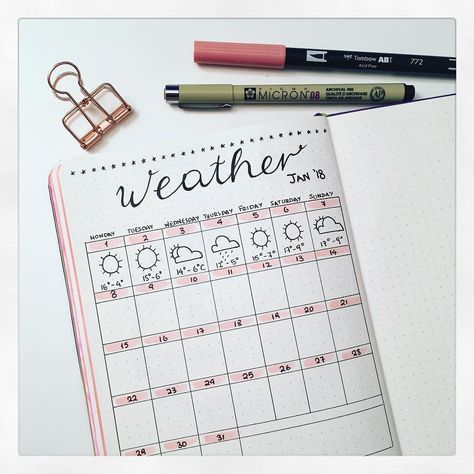 Monthly weather layout for January 2018! It is the first time I am dedicating a page for weather and I find it very nice! I have it right after the monthly layout and before the weekly ones! #BujonCoffee #GreekBujo #BujoGR #BujoGreece #BulletJournalGreece #bulletjournal #bulletjournaljunkies #bulletjournaling #bulletjournallove #bulletjournalcommunity #wearebujo #bujoinspo #bujogirl #bulletjournalcollection #bujo #bujojunkies #bujolove #bujonewbie #bujolife #bulletjournalnewbie #bujoinspire #scr Bullet Journal September, January Bullet Journal, Bullet Journal Banner, Bullet Journal Mood Tracker Ideas, Bullet Journal Ideas Templates, Bullet Journal Notes, Creating A Bullet Journal, Bullet Journal Paper, Bullet Journal Tracker