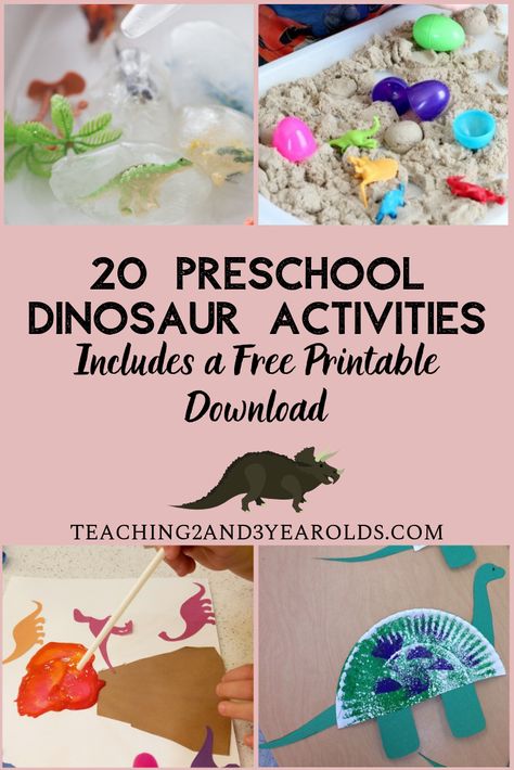 This collection of 20 Dinosaur Preschool Activities contains sensory, art, and large motor activities for your classroom. Includes a free printable activity download! #dinosaurs #activities #sensory #art #largemotor #preschool #age3 #age4 #teaching2and3yearolds Preschool Dinosaur Activities, Dinosaur Preschool Activities, Dinosaurs Activities, Dinosaur Preschool, Dinosaur Worksheets, Dinosaur Lesson, Preschool Painting, Dinosaur Theme Preschool, Dinosaur Activities Preschool