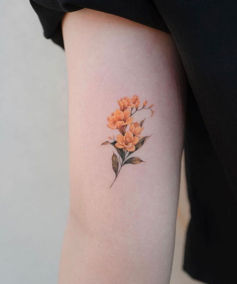 SOL TATTOO STUDIO (@studiobysol) posted on Instagram: “Freesia Studiobysol _ @donghwa_tattoo #studiobysol #koreantattoo #koreantattooshop #flowertattoo #freesiatattoo” • Jun 13, 2020 at 11:31am UTC Yellow Flower Tattoos, Flower Tattoos Ideas, Delicate Flower Tattoo, Moth Tattoo Design, Party Tattoos, Scar Tattoo, Bouquet Tattoo, Small Flower Tattoos, Inspiration Tattoo