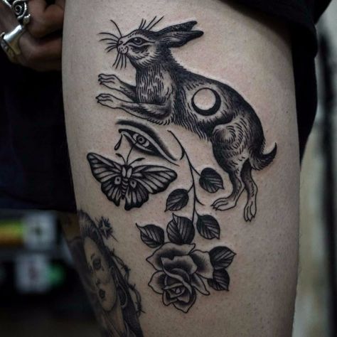 Traditional Tattoo Rabbit, Tattoo Rabbit, Wiccan Tattoos, Mother Nature Tattoos, Inca Tattoo, Rabbit Tattoo, Traditional Style Tattoo, Palm Tattoos, Bunny Tattoos