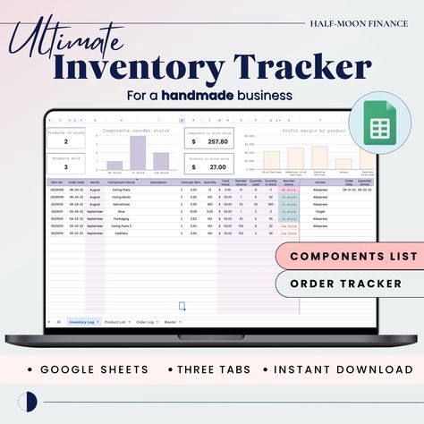 Elevate your small handmade business with Inventory Tracker Spreadsheet! What's Included: - Inventory Template: Professionally designed, user-friendly inventory templates for a polished and consistent look. -Product Component List: Save time by having your product components organized for efficient tracking. -Inventory Log: Maintain a comprehensive record of inventory movements for better control. -Order Tracker: Manage orders like a pro. Small Business Inventory Tracker, Small Business Spreadsheet, Business Spreadsheet, Inventory Sheet, Inventory Template, Inventory Tracker, Business Inventory, Order Tracker, Excel Hacks