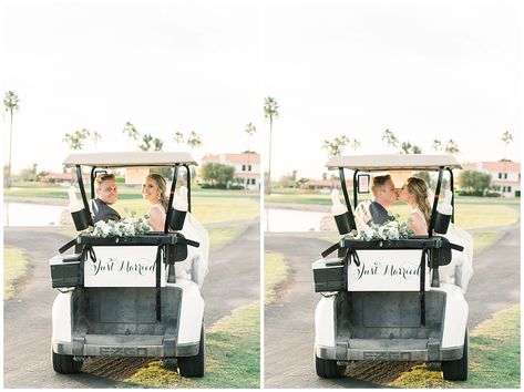 Golf Cart Wedding Exit, Just Married Golf Cart, Obx Wedding, Golf Buggy, Cart Decor, Wedding Exits, Golf Car, Golf Club Wedding, Wedding 2025