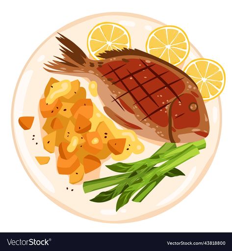 Food Plate Illustration, Healthy Food Plate, Cooking Healthy Food, Dorado Fish, Food Vector, Food Plate, Cooking Healthy, Healthy Meals To Cook, Illustration Cartoon