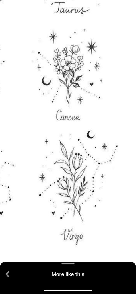 Larkspur Constellation Tattoo, Virgo Sign Tattoo, Zodiac Floral, Honeysuckle Tattoo, Larkspur Tattoo, Virgo Constellation Tattoo, Horoscope Tattoos, Sign Tattoo, Virgo Tattoo