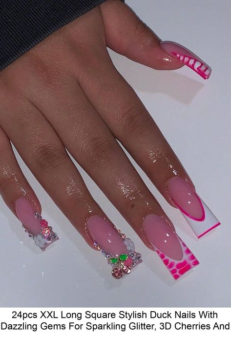 Free Returns ✓ Free Shipping✓. 24pcs XXL Long Square Stylish Duck Nails With Dazzling Gems For Sparkling Glitter, 3D Cherries And Petite Blossoms – A Unique And Fashionable Gift For Women And Girls- Press On Nails at SHEIN. Duck Nail, Y2k Nail, Duck Nails, Girly Acrylic Nails, Colored Acrylic Nails, Short Square Acrylic Nails, French Nail, Acrylic Nails Coffin Pink, Unique Acrylic Nails