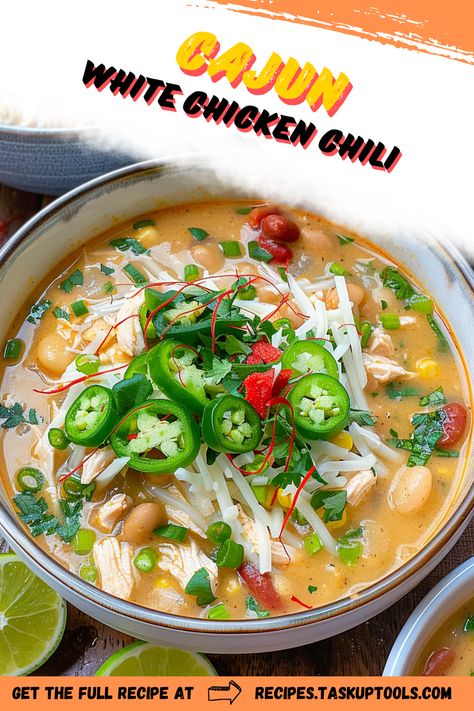 Indulge in a comforting bowl of Cajun White Chicken Chili, where the bold flavors of Cajun spices, tender chicken, creamy white beans, and smoky undertones come together in harmony. Perfect for chilly nights or when you're craving a hearty dish with a kick. This recipe showcases a delicious fusion of traditional chili warmth with a Southern twist, making it a top pick for any dinner table. Discover step-by-step instructions for creating this flavorful masterpiece and bring a taste of the South to your kitchen. Cajun Chicken Chili Recipe, Cajun Chicken Chili, Cajun White Chicken Chili, Cajun Chilli, Cajun Chicken Soup, White Bean Chicken Chili Crockpot, Cajun Chili, White Chilli, Traditional Chili Recipe