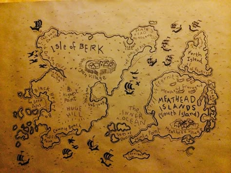 Isle of Berk and Meathead Islands map - traced onto brown craft paper for a backdrop for How to Train Your Dragon Party. Isle Of Berk, Toothless Party, Dragon Birthday Parties, Dragon Birthday, Httyd Dragons, Dragon Party, Dragon Trainer, Island Map, Dragon Rider