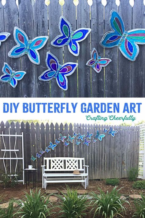 Create beautiful DIY butterfly garden ornaments to display in your garden or yard this summer! These butterflies are made with recycled cardboard, aluminum foil, hot glue and paint! Grab the free template to get started. Diy Butterfly Garden Decor, Outdoor Butterfly Decor, Diy Butterfly Garden Ideas, Butterfly School Project, Funky Porch, Butterfly Feeder Diy, Garden Theme Room, Diy Butterfly Garden, Free Butterfly Template