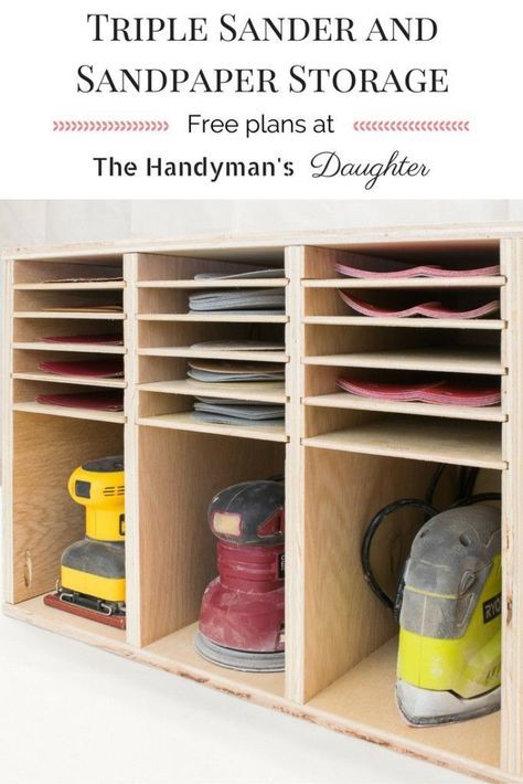 Get all your sanders and sandpaper in one place with this easy to build sander and sandpaper storage rack! Free woodworking plans at The Handyman's Daughter! | workshop organization | workshop storage | sander storage | sandpaper organization Sander Storage, Sandpaper Storage, Diy Muebles Ideas, Woodworking Shop Plans, Wood Crafting Tools, Workshop Organization, Woodworking Plans Diy, Free Woodworking Plans, Diy Holz