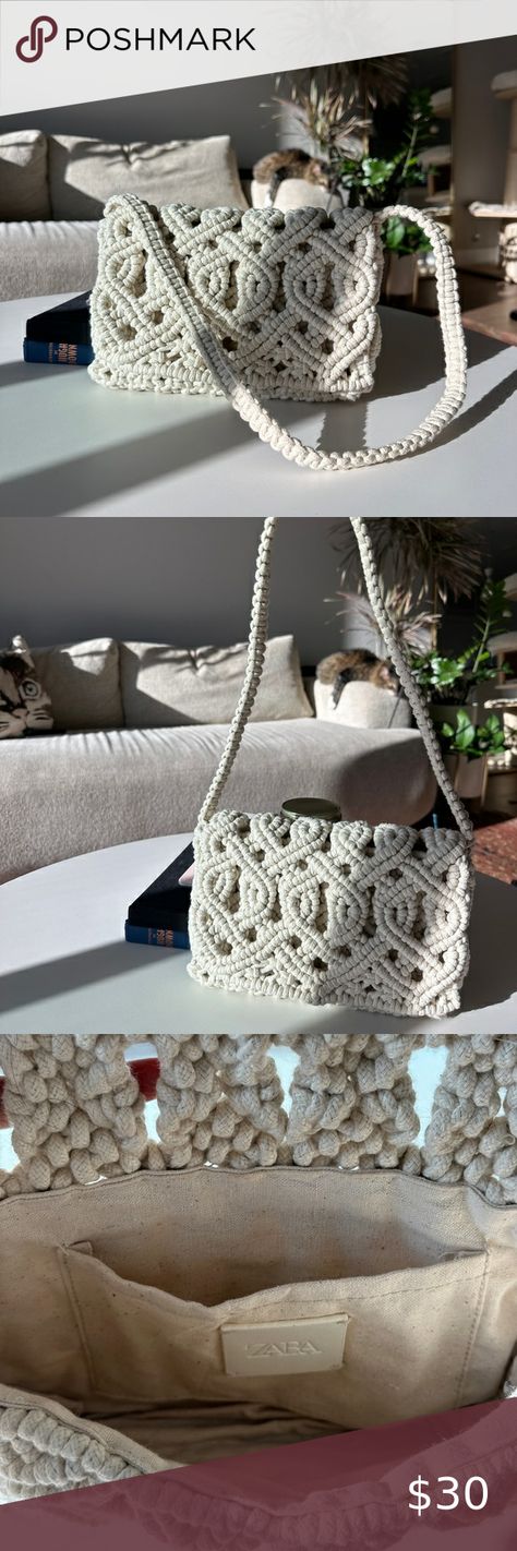 Zara Macrame Shoulder Bag Ivory Zara Macrame Bag, Macrame Shoulder Bag, Zara Handbags, Macrame Purse, Macrame Bag, Macrame, Zara, Purse, Shoulder Bag