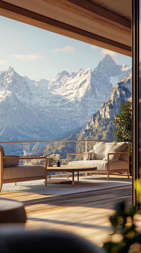 House In Mountains, Winter Terrace, Mountain View Restaurant, Mountain Villas, Terrace Inspiration, Window Scenery, Villa Terrace, Render Reference, Mountain Villa