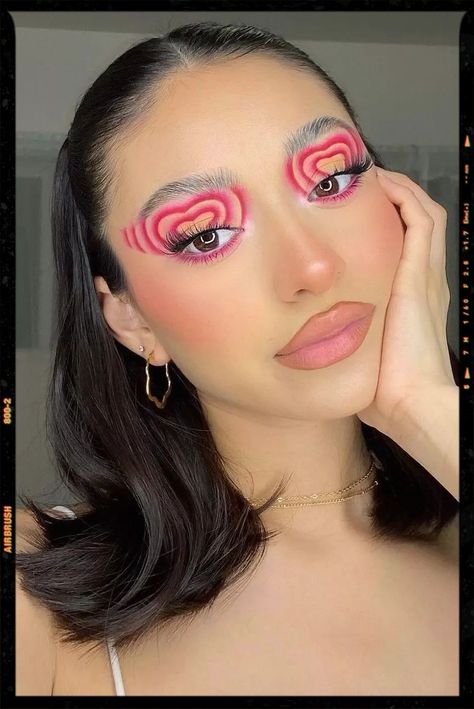 Aesthetic Makeup Looks Inspiration Heart Pink Makeup, Valentine’s Day Inspired Makeup, Valentine Inspired Makeup, Pink Care Bear Makeup, Creative Valentines Makeup, Pink Heart Makeup Look, Pink Valentine’s Day Makeup, Valentines Day Make Up Looks Eye Makeup, Heart Eyes Makeup