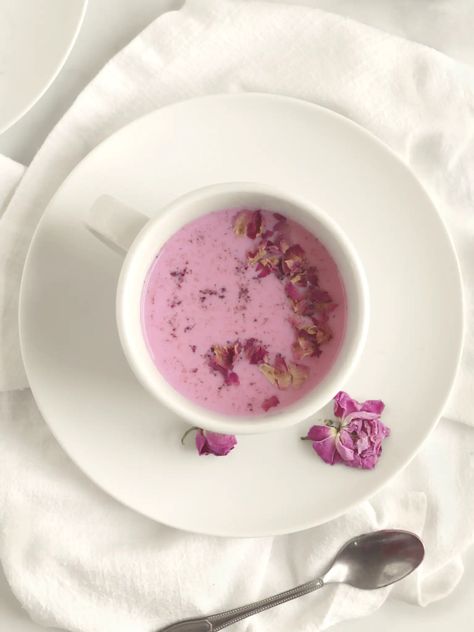 Rose milk recipe. Learn how to make rose milk with rose petals, beetroot powder, and milk for a nutritious and relaxing beverage. Rose Milk Tea Aesthetic, Rose Milk Recipe, Milk Tea Aesthetic, Rose Milk Tea, Herbal Drink, Tea Aesthetic, How To Make Rose, Rose Milk, Vanilla Milk